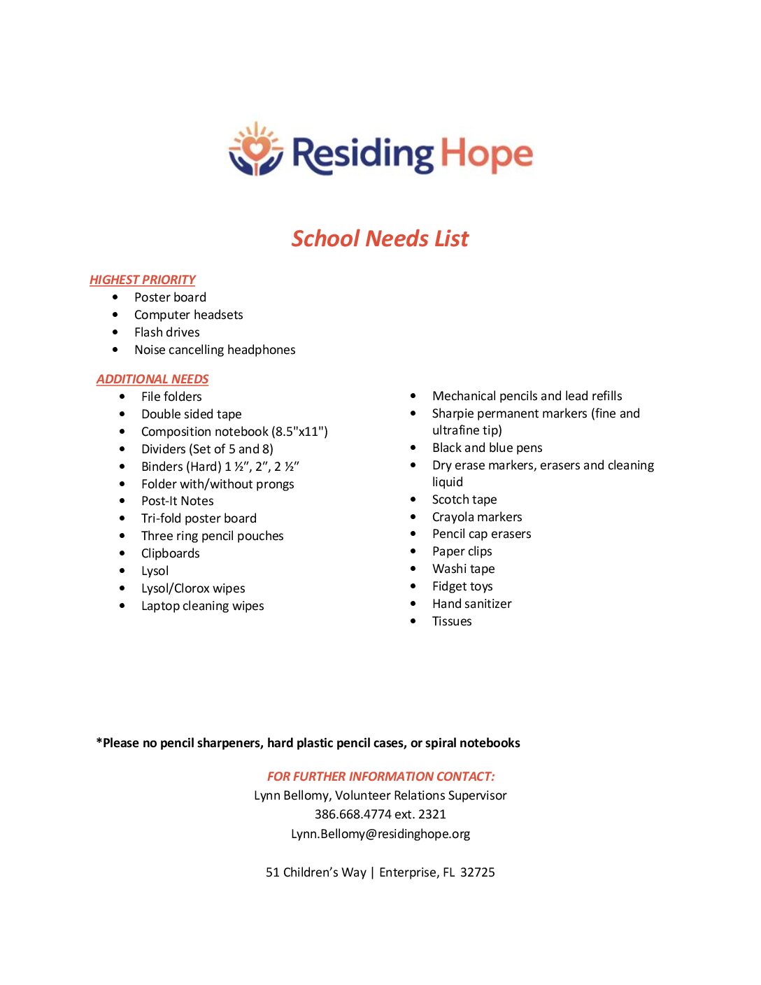 School Supply Drive for Residing Hope